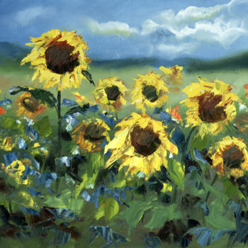 Painting titled "Sunflowers in the w…" by Elena Shipunova, Original Artwork, Oil