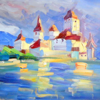 Painting titled "Medieval castle." by Elena Shipunova, Original Artwork, Oil