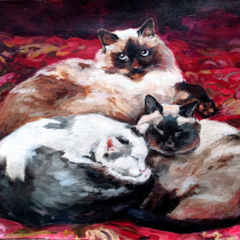 Malerei mit dem Titel "Cats on Japanese bl…" von Elena Utkina, Original-Kunstwerk, Öl