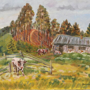 Painting titled "Karelian village -…" by Elena Vasil`Eva, Original Artwork, Oil