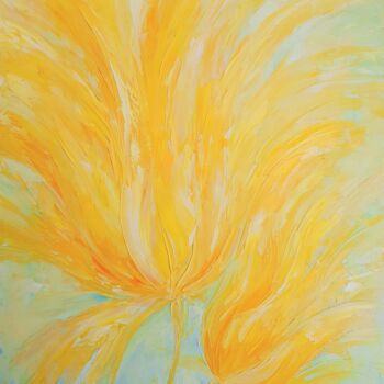 Painting titled "Fiery yellow flowers" by Elena Vik, Original Artwork, Oil Mounted on Wood Stretcher frame