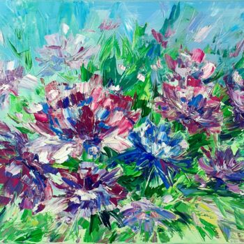 Painting titled "Bright Flowers Pain…" by Elena Vik, Original Artwork, Oil Mounted on Wood Stretcher frame