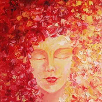 Painting titled "Girl in flowers pai…" by Elena Vik, Original Artwork, Oil Mounted on Wood Stretcher frame