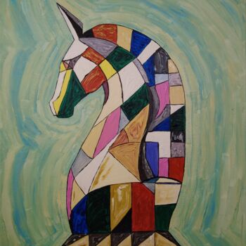 Schilderij getiteld "Chess horse 01." door Elena Wink, Origineel Kunstwerk, Acryl Gemonteerd op Frame voor houten brancard