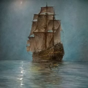 Painting titled "Crescent Moon" by Elena Zene, Original Artwork, Oil