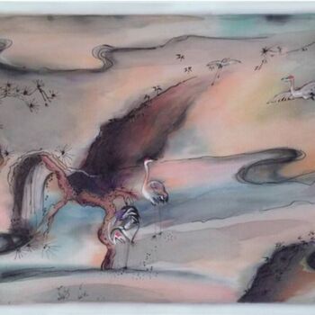 Картина под названием "Birds on the river" - Elena Zimovets, Подлинное произведение искусства, Акрил Установлен на Деревянна…