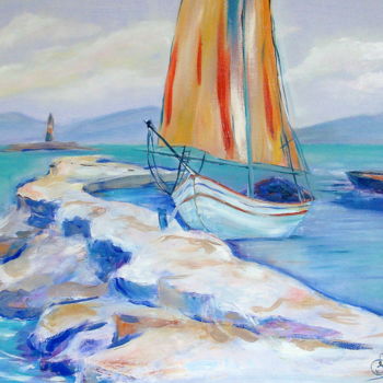 Pintura intitulada "Кораблик на пирсе" por Elena Zlata, Obras de arte originais, Óleo