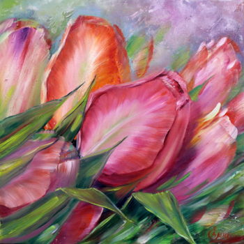 Картина под названием "Весенние тюльпаны" - Elena Zlata, Подлинное произведение искусства, Масло