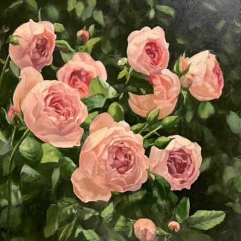 Painting titled "Pink roses in the g…" by Elena Mikhailova, Original Artwork, Oil Mounted on Wood Stretcher frame