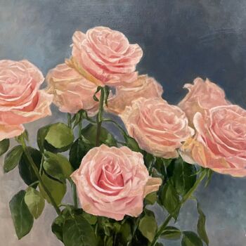 Painting titled "Bouquet of tender r…" by Elena Mikhailova, Original Artwork, Oil Mounted on Wood Stretcher frame