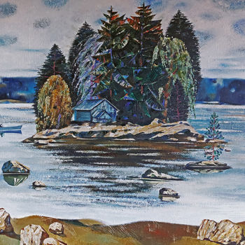 Painting titled "Большая река" by Elena Dobrynina, Original Artwork, Oil Mounted on Wood Stretcher frame