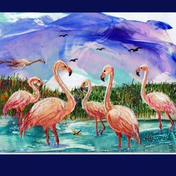 Painting titled "A flamingo Family-С…" by Elena Martém, Original Artwork, Other