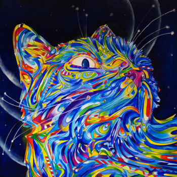 Schilderij getiteld "MOON CAT" door Elena Mclaren, Origineel Kunstwerk, Olie