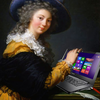 Painting titled "lady with computer" by Elena Mclaren, Original Artwork, Oil