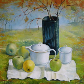 Painting titled "Green apples" by Elena Oleniuc, Original Artwork, Acrylic