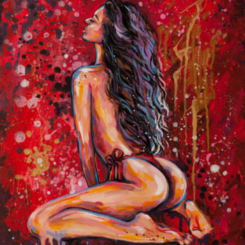 Lady on red Painting nude acrylic on canvas with gold