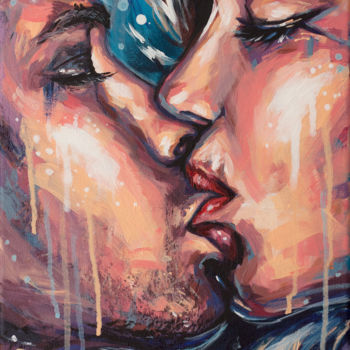 Painting titled "Kiss . Original acr…" by Elena Right, Original Artwork, Acrylic Mounted on Wood Stretcher frame