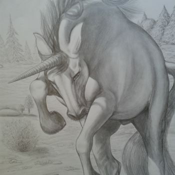 Drawing titled "Licorne attaque" by Elena Nesytova, Original Artwork, Graphite
