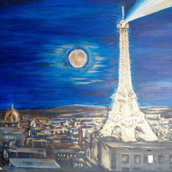 Schilderij getiteld "Pleine Lune à Paris" door Elena Nesytova, Origineel Kunstwerk, Acryl Gemonteerd op Frame voor houten br…