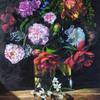 Painting titled "Flowers at night" by Elena Push, Original Artwork, Oil