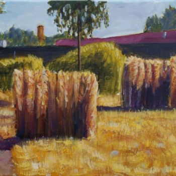Schilderij getiteld "Three haystacks nea…" door Elena Sokolova, Origineel Kunstwerk, Olie
