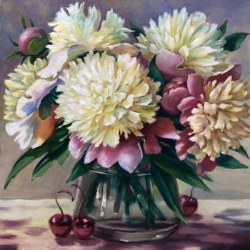 Painting titled "Peonies and cherries" by Elena Sergo, Original Artwork, Oil
