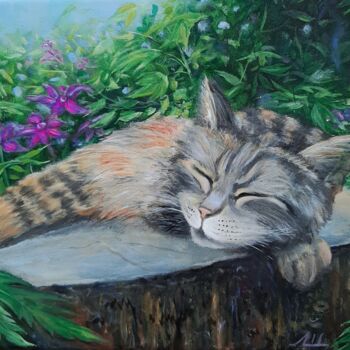 Peinture intitulée "Cat on vacation" par Elena Shchenina, Œuvre d'art originale, Huile