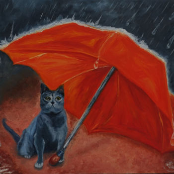 Painting titled "Le chat et la pluie…" by Elena Voinova, Original Artwork, Oil