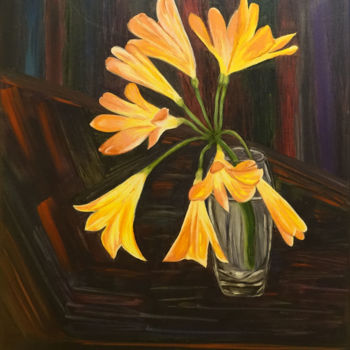 Painting titled "Home lily in a glas…" by Elena Voinova, Original Artwork, Oil
