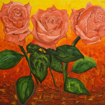 Schilderij getiteld "Roses" door Elena Voinova, Origineel Kunstwerk, Olie