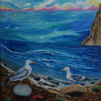 Painting titled "On the shore" by Elena Voinova, Original Artwork, Oil
