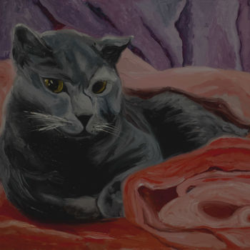 Peinture intitulée "Lazy cat" par Elena Voinova, Œuvre d'art originale, Huile