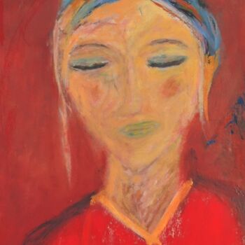 Painting titled "WOMAN IN RED" by Eleni Pappa Tsantilis, Original Artwork, Oil Mounted on Wood Stretcher frame