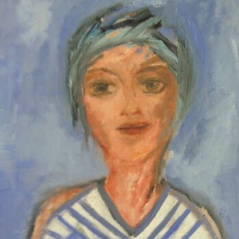 Painting titled "WOMAN IN LILAC" by Eleni Pappa Tsantilis, Original Artwork, Oil Mounted on Wood Stretcher frame