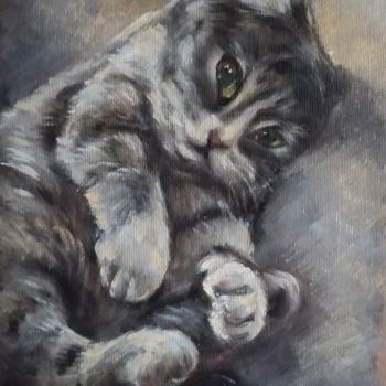 Schilderij getiteld "Grey kitten portrai…" door Eleonora Taranova, Origineel Kunstwerk, Olie