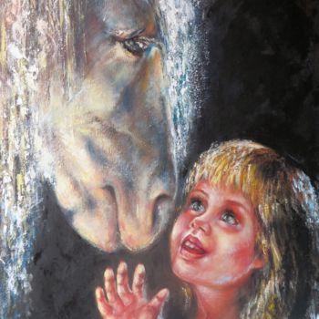 Painting titled "Horse and Little Gi…" by Eleonora Taranova, Original Artwork, Oil Mounted on Wood Stretcher frame