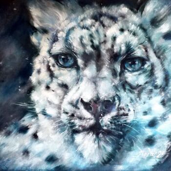 Painting titled "Snow Leopard Irbis" by Eleonora Taranova, Original Artwork, Oil Mounted on Wood Stretcher frame
