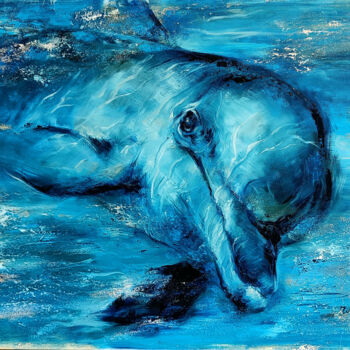 Painting titled "Dolphin Portrait" by Eleonora Taranova, Original Artwork, Oil Mounted on Wood Stretcher frame