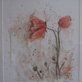 Painting titled "coquelicots-aquarel…" by Elisabeth Le Prunenec, Original Artwork, Watercolor Mounted on Glass