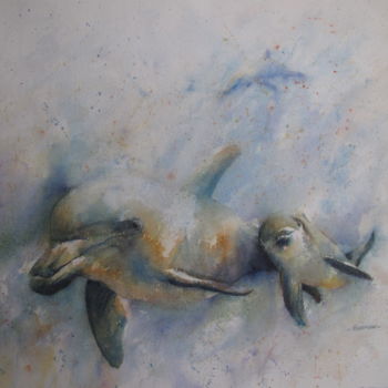 Painting titled "dauphins-aquarelle-…" by Elisabeth Le Prunenec, Original Artwork, Watercolor