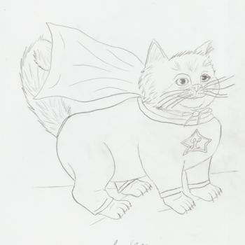 Zeichnungen mit dem Titel "Chat super héro" von Lucie Estermann, Original-Kunstwerk, Bleistift