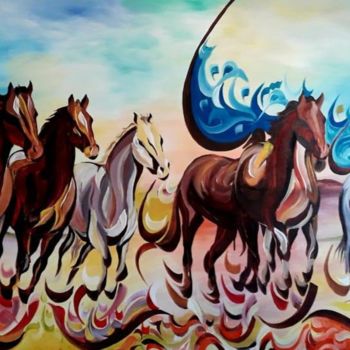 Pittura intitolato "Troupeau-de-chevaux" da Lotfi El Ghoul, Opera d'arte originale