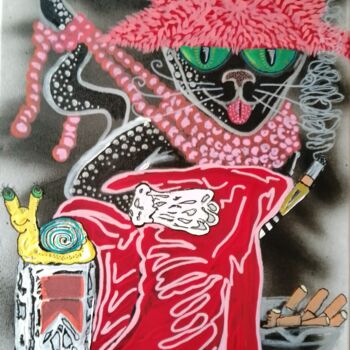 Картина под названием "Smocking Black Cat" - Eli Tin Art, Подлинное произведение искусства, Акрил