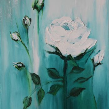 Painting titled "White Rose With Buds" by Eliane Ellie, Original Artwork, Oil