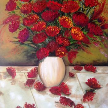 Painting titled "Red Flowers in a Po…" by Eliane Ellie, Original Artwork, Oil
