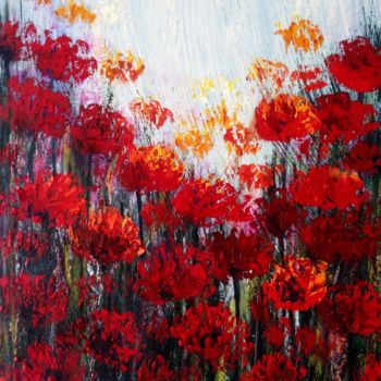 Malarstwo zatytułowany „Red Flowers Field” autorstwa Eliane Ellie, Oryginalna praca, Olej