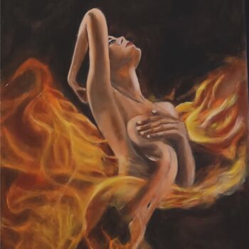 Painting titled "la flamme" by Libera, Original Artwork, Oil Mounted on Wood Panel