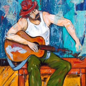 Painting titled "Le guitariste de Tr…" by Eliane Perrier, Original Artwork, Acrylic Mounted on Wood Stretcher frame