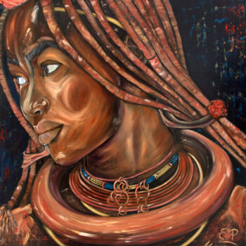 Painting titled "Jeune femme Himbas" by Eliane Perrier, Original Artwork, Oil Mounted on Wood Stretcher frame