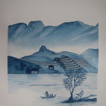 Painting titled "Paysage bleu" by Eliane Robin, Original Artwork, Watercolor Mounted on Glass